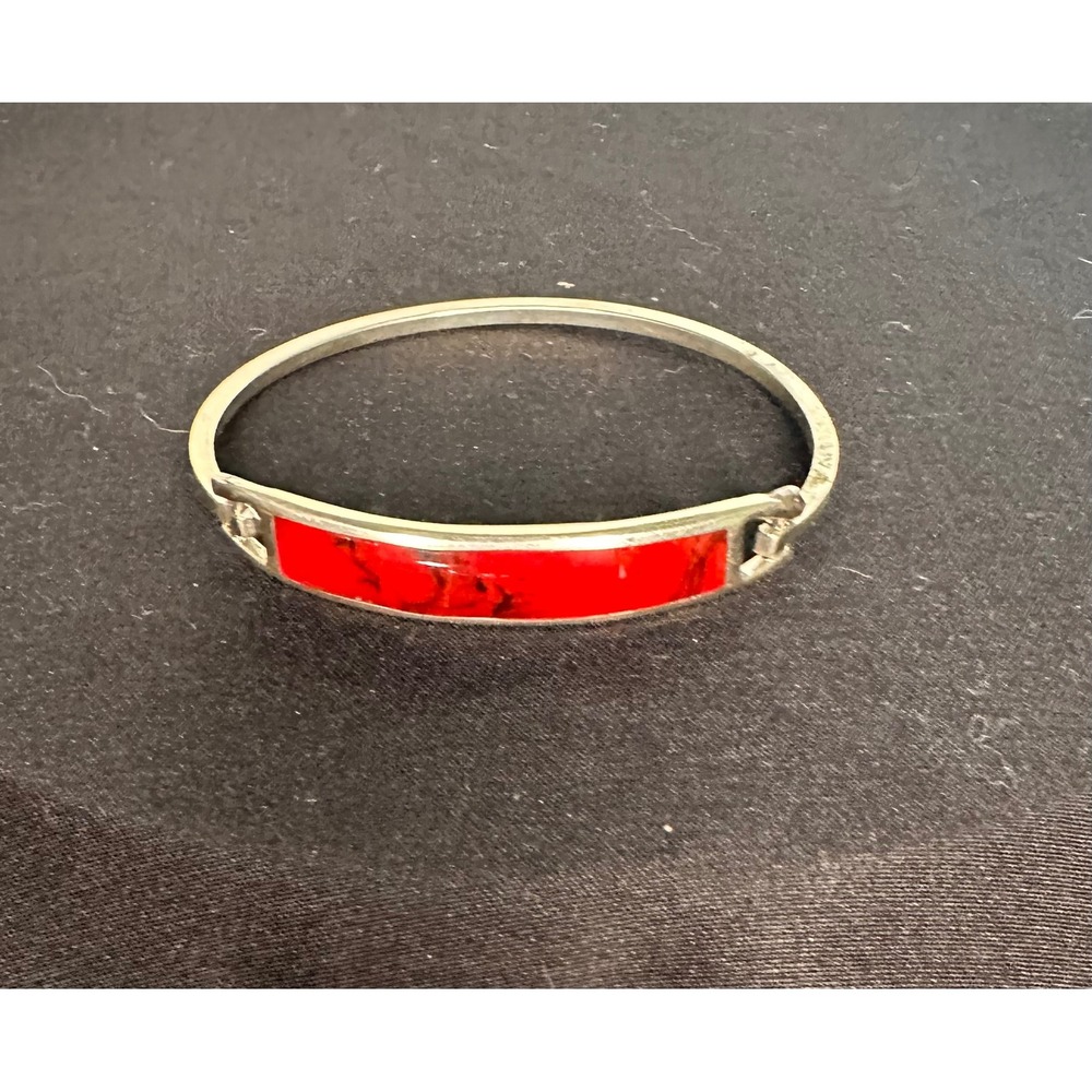 Mexico Stamped Silver Bangle Open Clasp Bracelet Red Inlay Stone Vintage